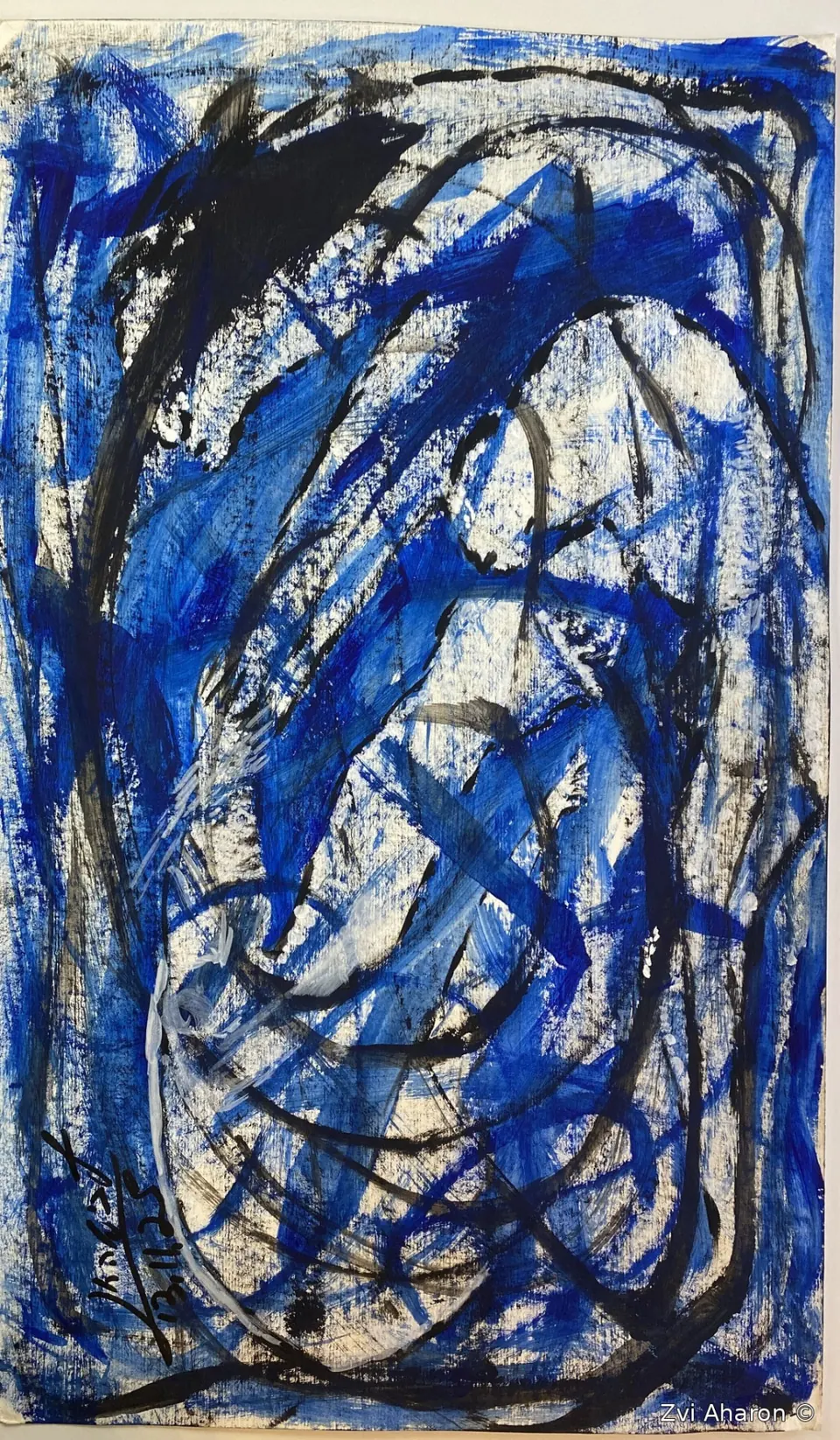 Men in Turmoil — expressionist figurative acrylic painting on paper by Israeli artist Zvi Aharon